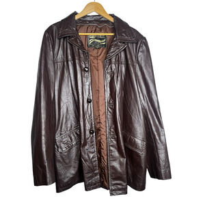 Vintage Montgomery Ward Leather Jacket Mens 44 Tall Brown Button Front 80's 90s